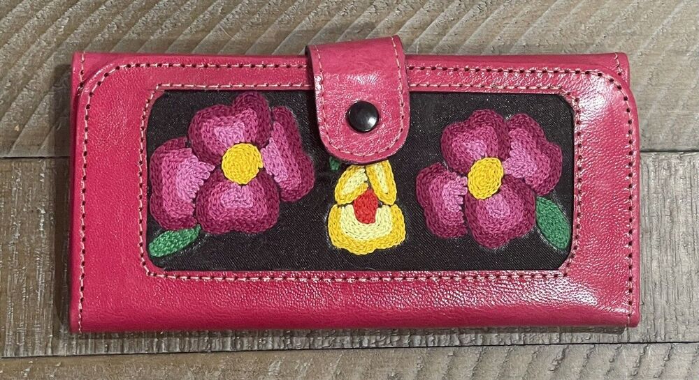 Womens Hand Embroidered & Embossed Leather Tri-Fold Wallet Mirror/Change Pouch